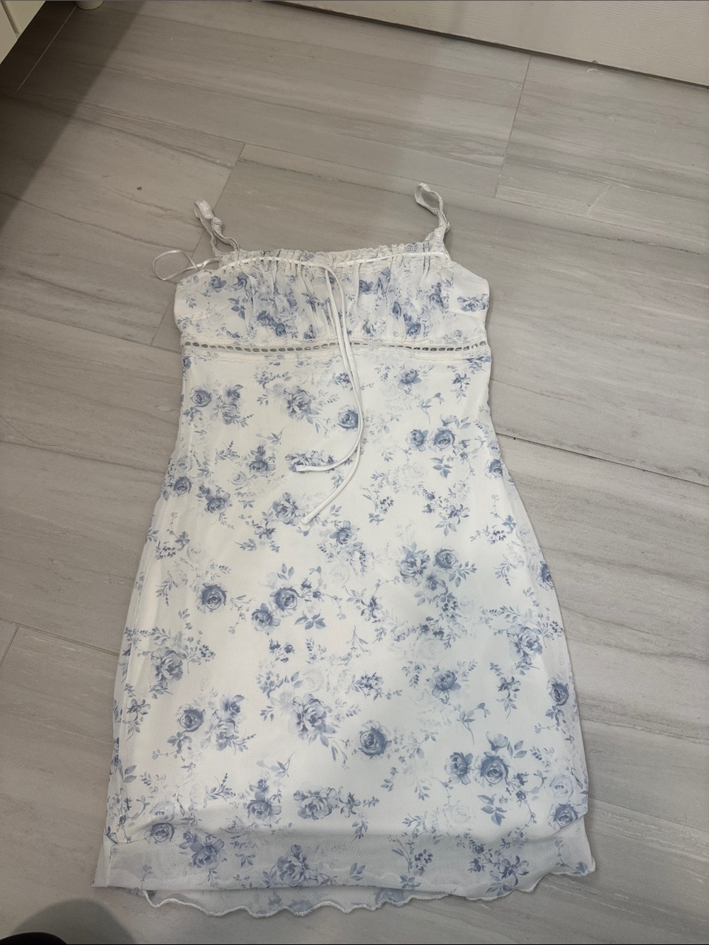 White Slip Dress with Blue Floral Print garage